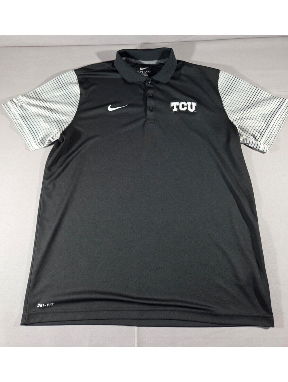 Nike Dri-FIT TCU Horned Frogs Polo Shirt Mens XL Black White Striped NCAA